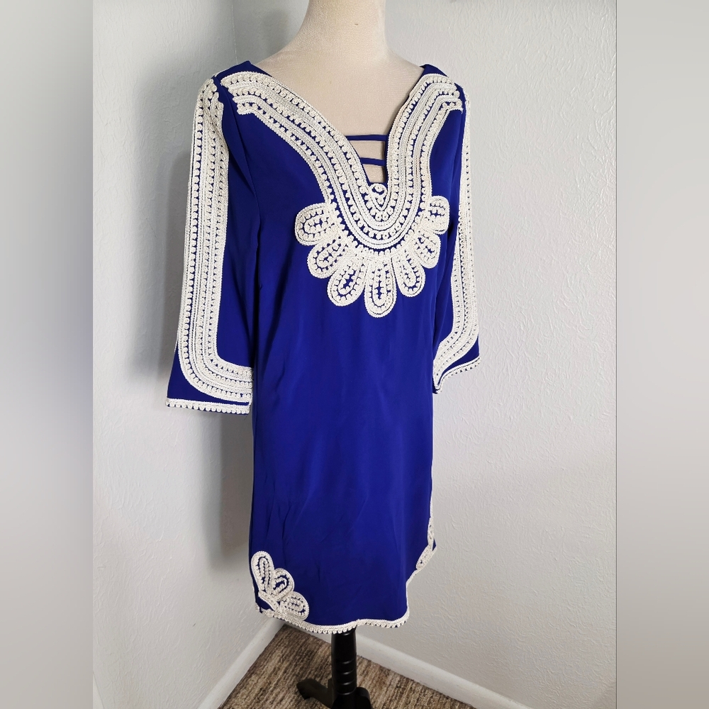 Camilla Tree Royal Blue Shift Dress with White Embroidered Trim, Size Medium - Picture 7 of 9